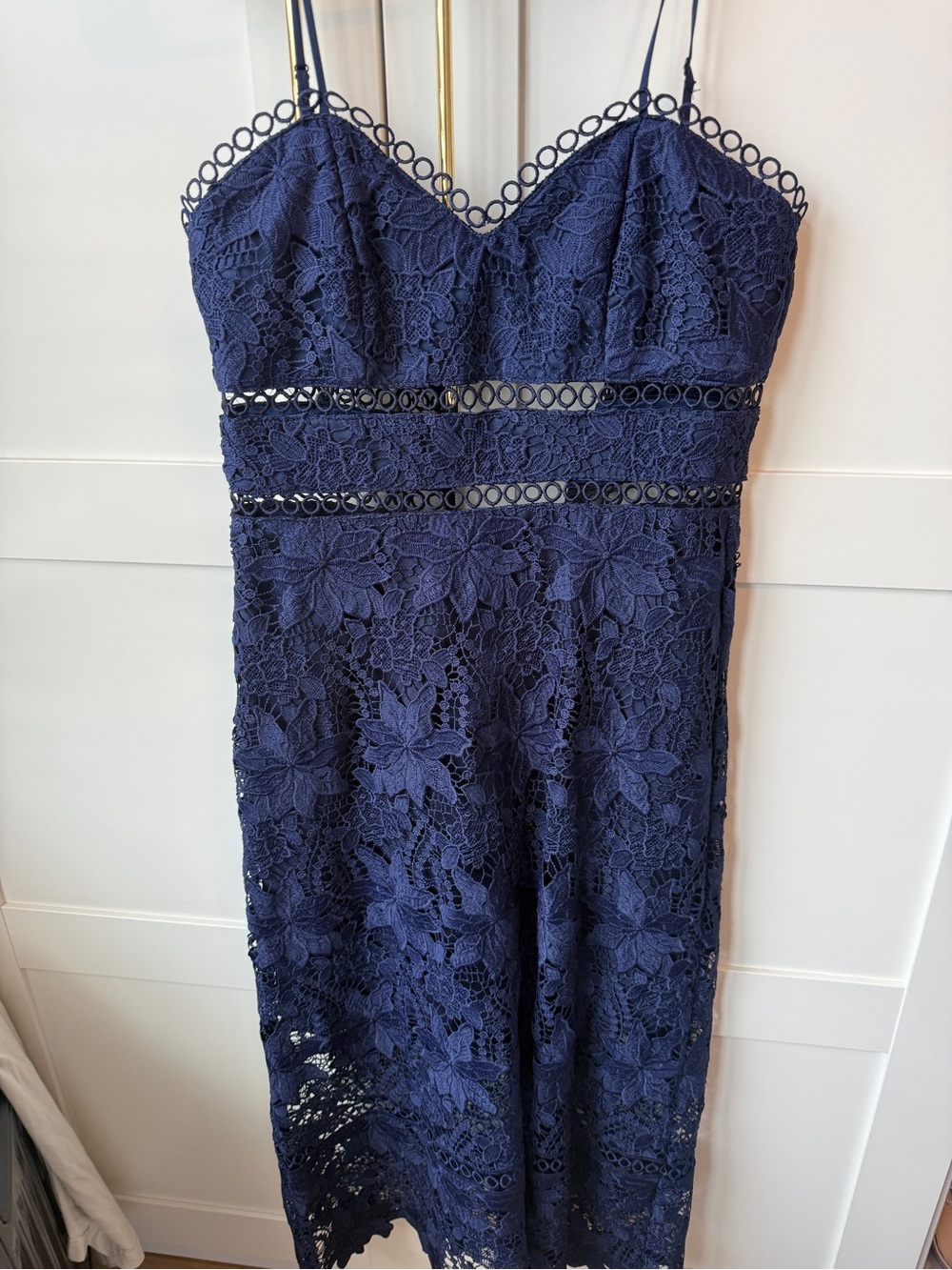 Bardot Navy Lace Midi Dress with Spaghetti Straps